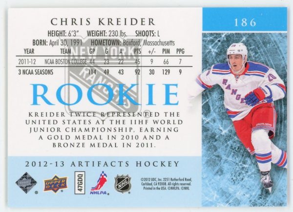 Chris Kreider 2012-13 Upper Deck Artifacts Rookie 073/999 RC #186