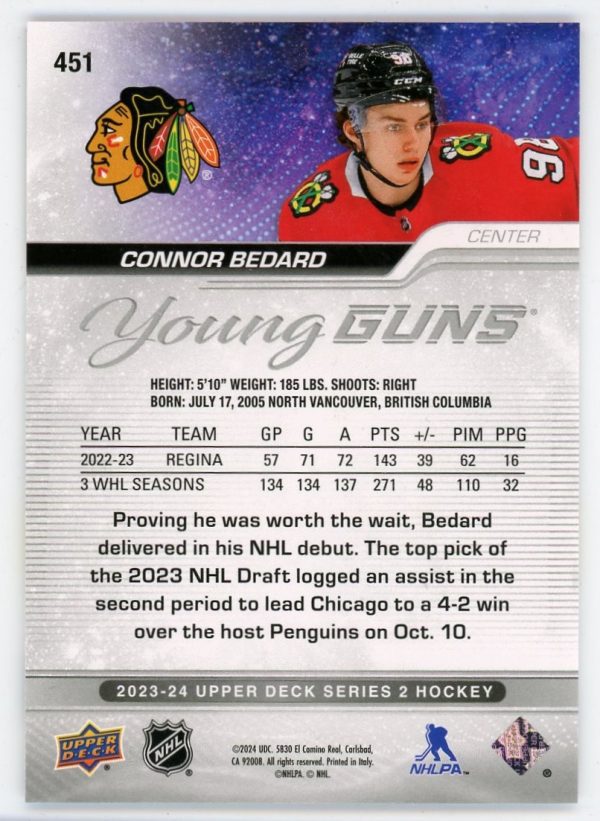 Connor Bedard 2023-24 Upper Deck Young Guns Rookie Card #451