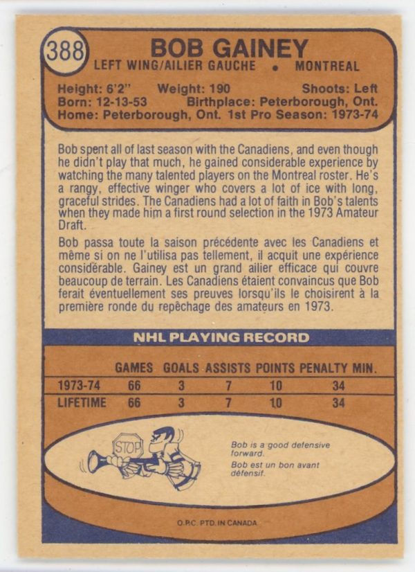 Bob Gainey 1974-75 O-Pee-Chee Rookie Card #388
