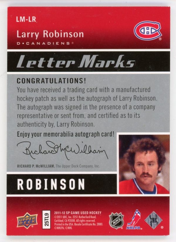 Larry Robinson 2011-12 SP Game Used Letter Marks 28/50 #LM-LR