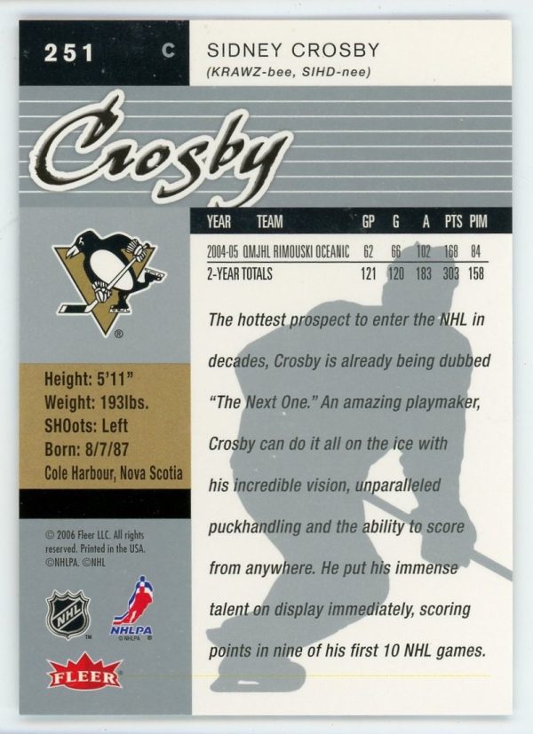Sidney Crosby 2005-06 Fleer Ultra Rookie Card #251