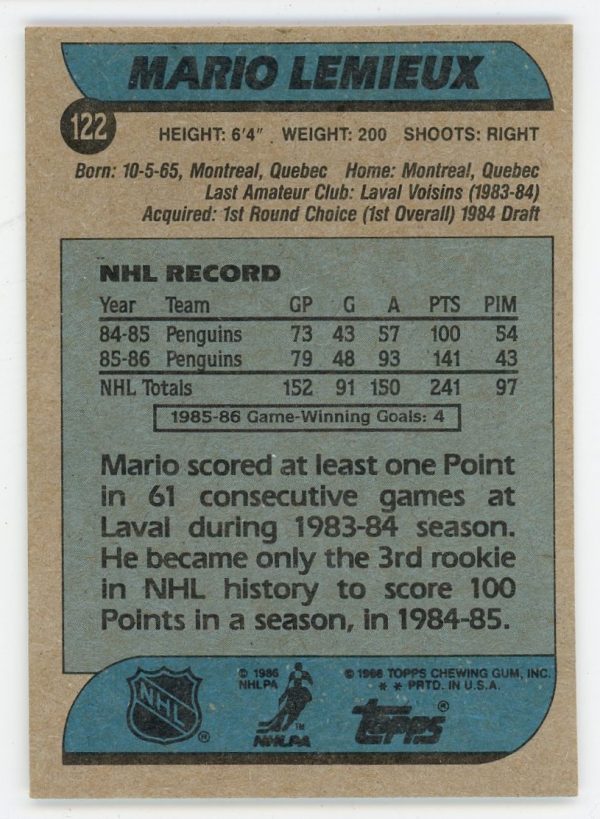 Mario Lemieux 1986-87 Topps 2nd Year Card #122