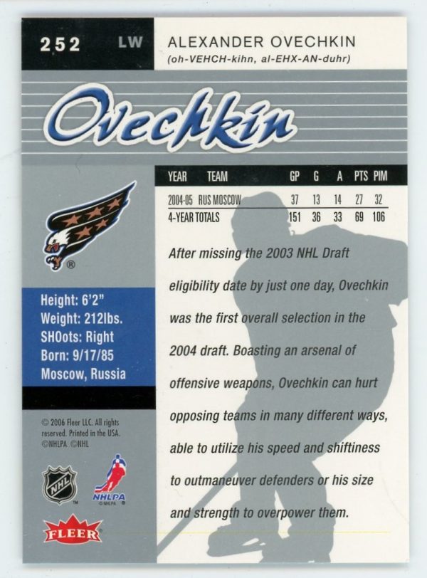Alexander Ovechkin 2005-06 Fleer Ultra Rookie Card #252