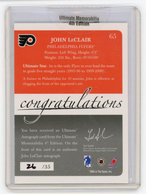 John LeClair 2004-05 ITG Ultimate Autograph Card 26/35 #65
