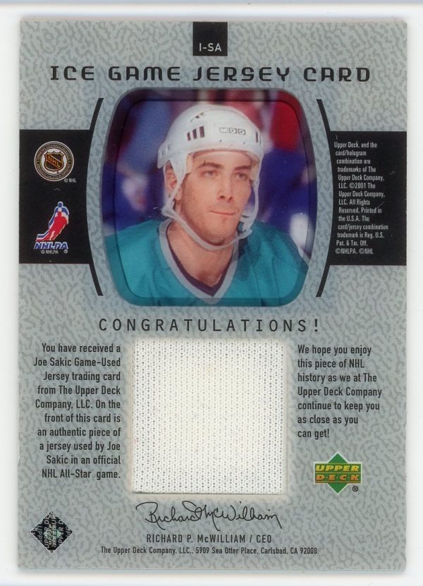 Joe Sakic 2000-01 Upper Deck ICE Game All-Star Jersey Card #I-SA