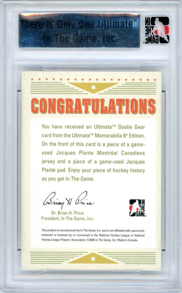 Jacques Plante 2005-06 ITG Ultimate Goalie Gear Silver 02/25