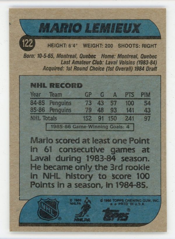 Mario Lemieux 1986-87 Topps 2nd Year Card #122 (EX)