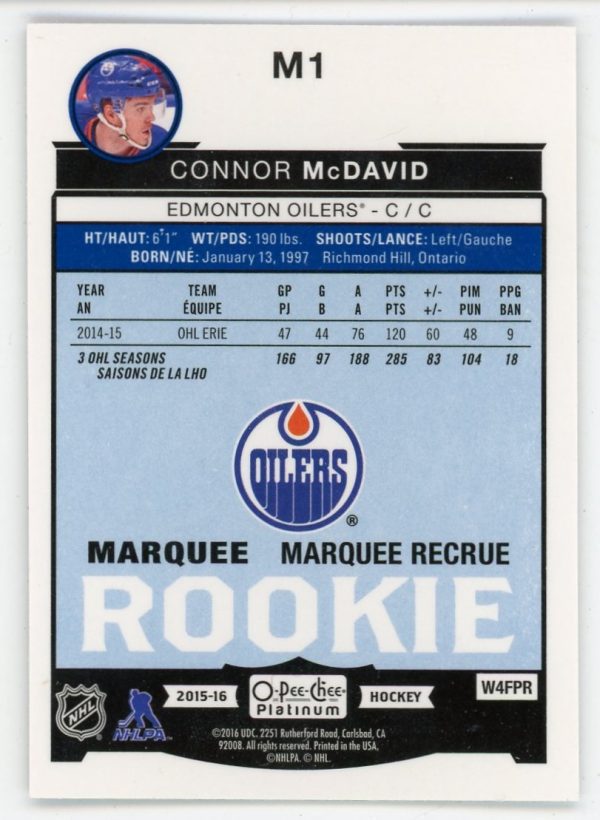 Connor McDavid 2015-16 OPC Platinum Marquee Rookie RC #M1