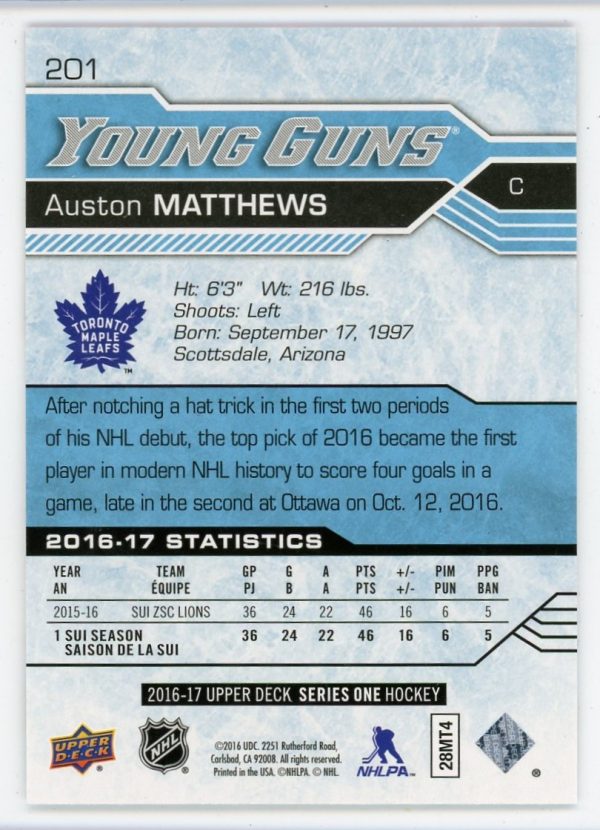 Auston Matthews 2016-17 Upper Deck Young Guns Rookie Card #201