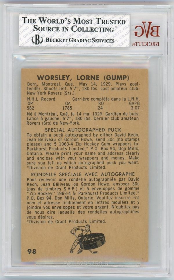 Gump Worsley 1963-64 Parkhurst Hockey Card #98 BVG 5.5 Excellent+
