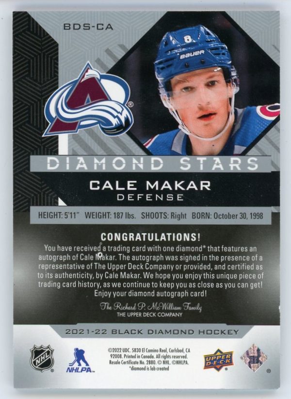 Cale Makar 2019-20 UD Black Diamond Stars 02/10 Auto #BDS-CA