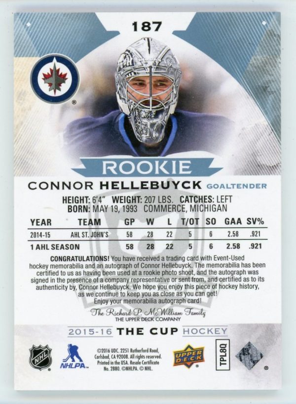 Connor Hellebuyck 2015-16 Upper Deck The Cup RPA 052/249 #187