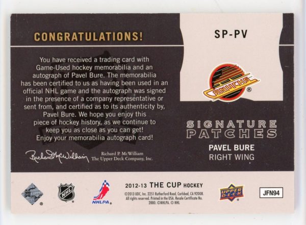 Pavel Bure 2012-13 Upper Deck The Cup Signature Patches 04/35 Patch Auto #SP-PV