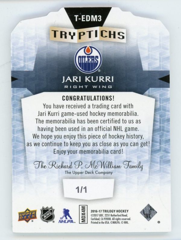 Jari Kurri 2016-17 UD Trilogy Tryptichs CCM Patch 1/1 #T-EDM3