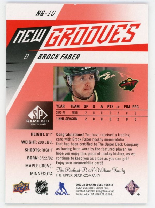 Brock Faber 2023-24 Upper Deck SPGU New Grooves Jersey RC #NG-10