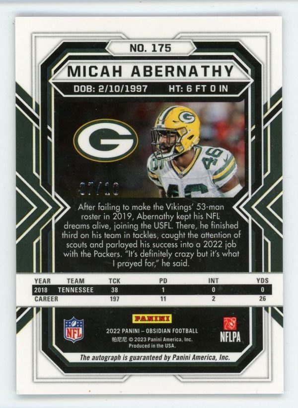 Micah Abernathy 2022 Panini Obsidian Electric Etch Red /10 RC #175