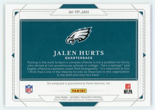 Jalen Hurts 2020 Panini National Treasures Field Pass /99 RC #FP-JAH