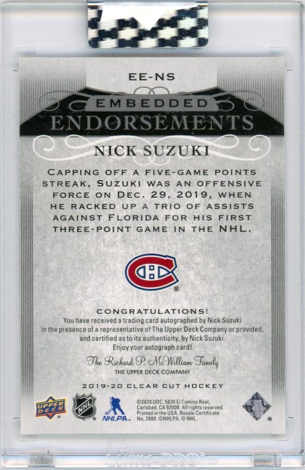 Nick Suzuki 2019-20 UD Clear Cut Embedded Endorsements 20/99 Auto RC #EE-NS