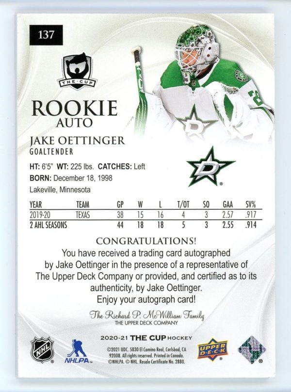 Jake Oettinger 2020-21 Upper Deck The Cup Rookie Auto 32/36 #137