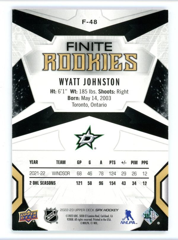 Wyatt Johnston 2022-23 SPx Finite Rookies 318/499 #F-48