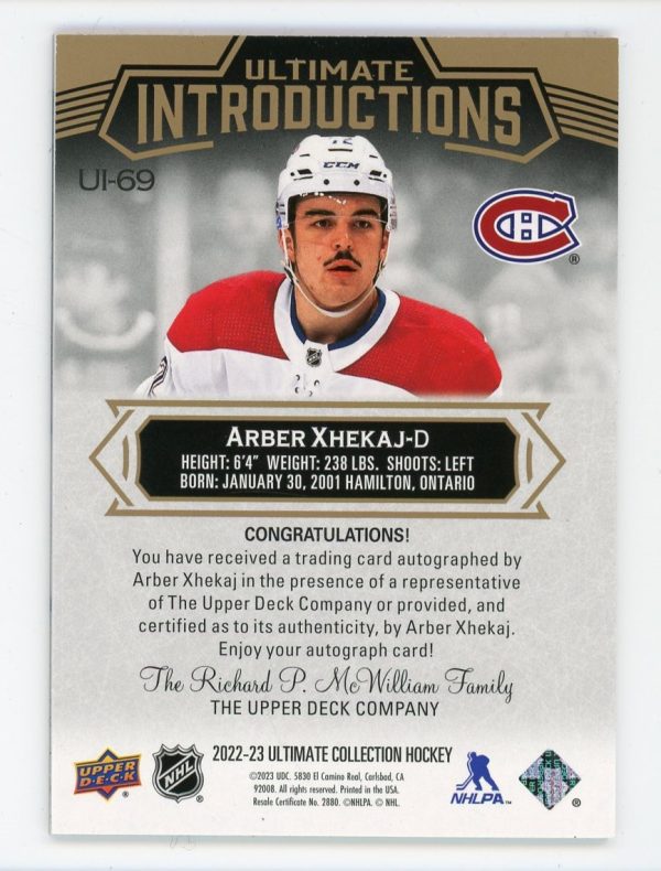 Arber Xhekaj 2022-23 UD Ultimate Introductions Auto 10/50 #UI-69