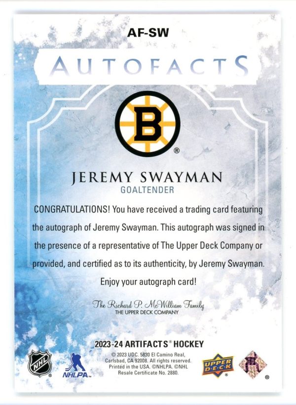 Jeremy Swayman 2023-24 UD Artifacts Autofacts Auto #AF-SW