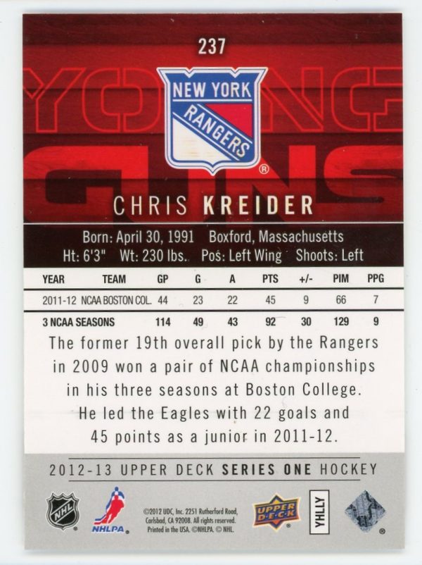 Chris Kreider 2012-13 Upper Deck Young Guns Rookie Card #237